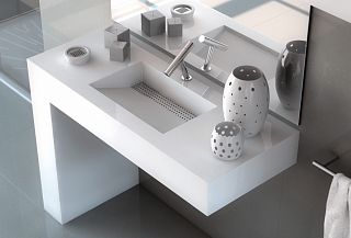 Столешница с щелевой мойкой и ногой из камня Corian Sparkling White