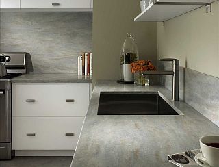 Г-образная столешница из акрилового камня Corian Smoke Drift Prima